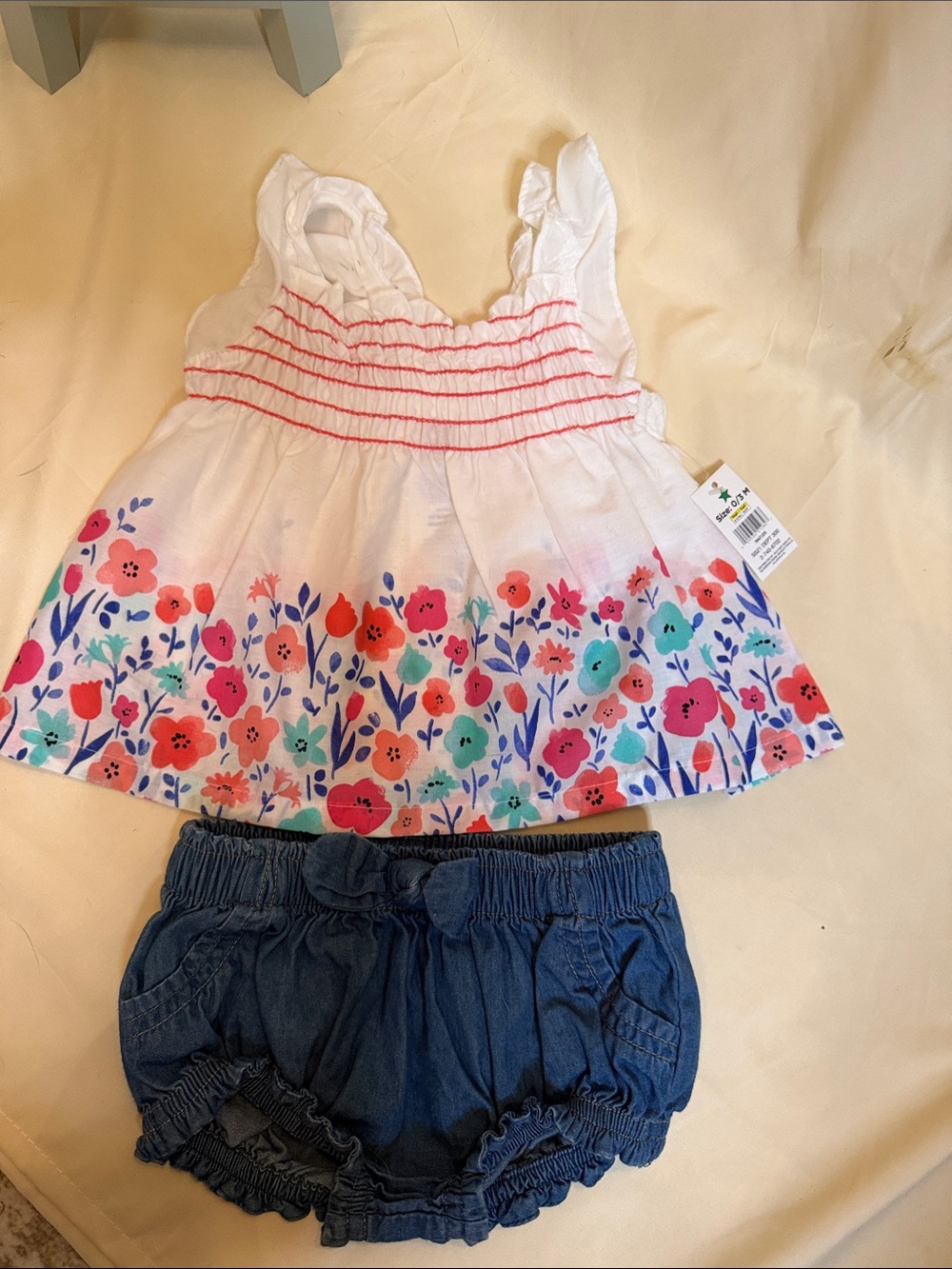 Park Benc Kids White Floral Tank Top with cat and jack Blue Denim Bloomers